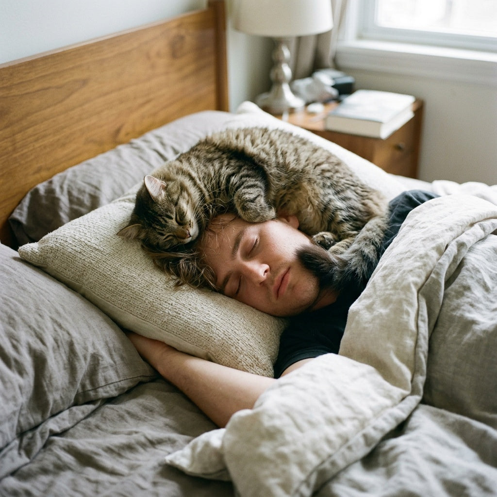 A tabby cat lies across a sleeping person’s head on a pillow.