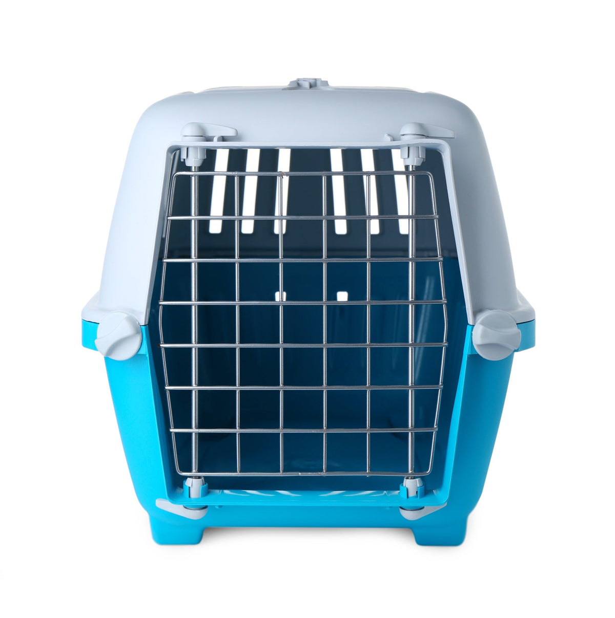 Blue-and-gray pet carrier with a metal front door against a white background.