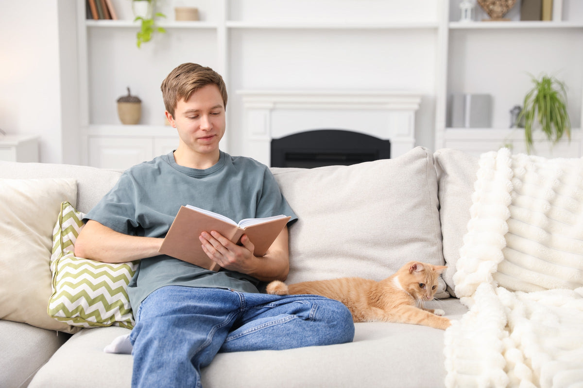 Person reading on a sofa beside an orange cat.