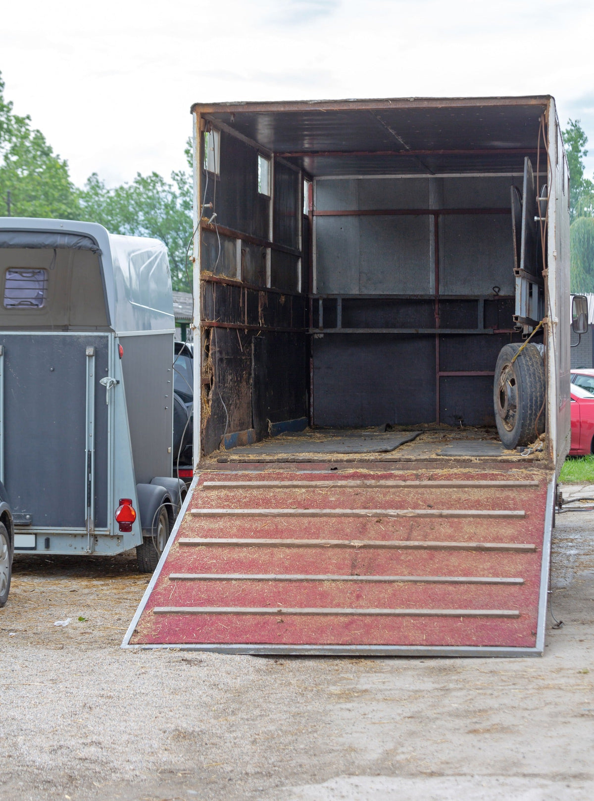 Horse trailer with its rear door open and loading ramp lowered.