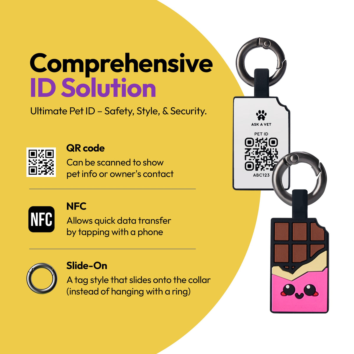 Chocolate Pink | Smart ID Tag: The Chocolate Pink tag's front and QR back, headed Comprehensive ID Solution