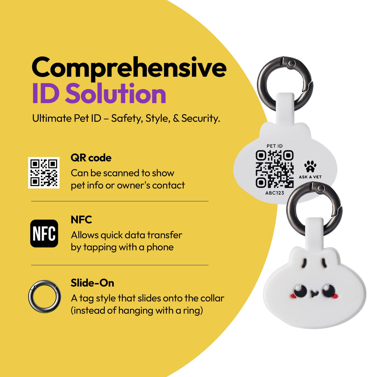 Dumpling | Smart ID Tag: The Dumpling tag's front and QR back, headed Comprehensive ID Solution