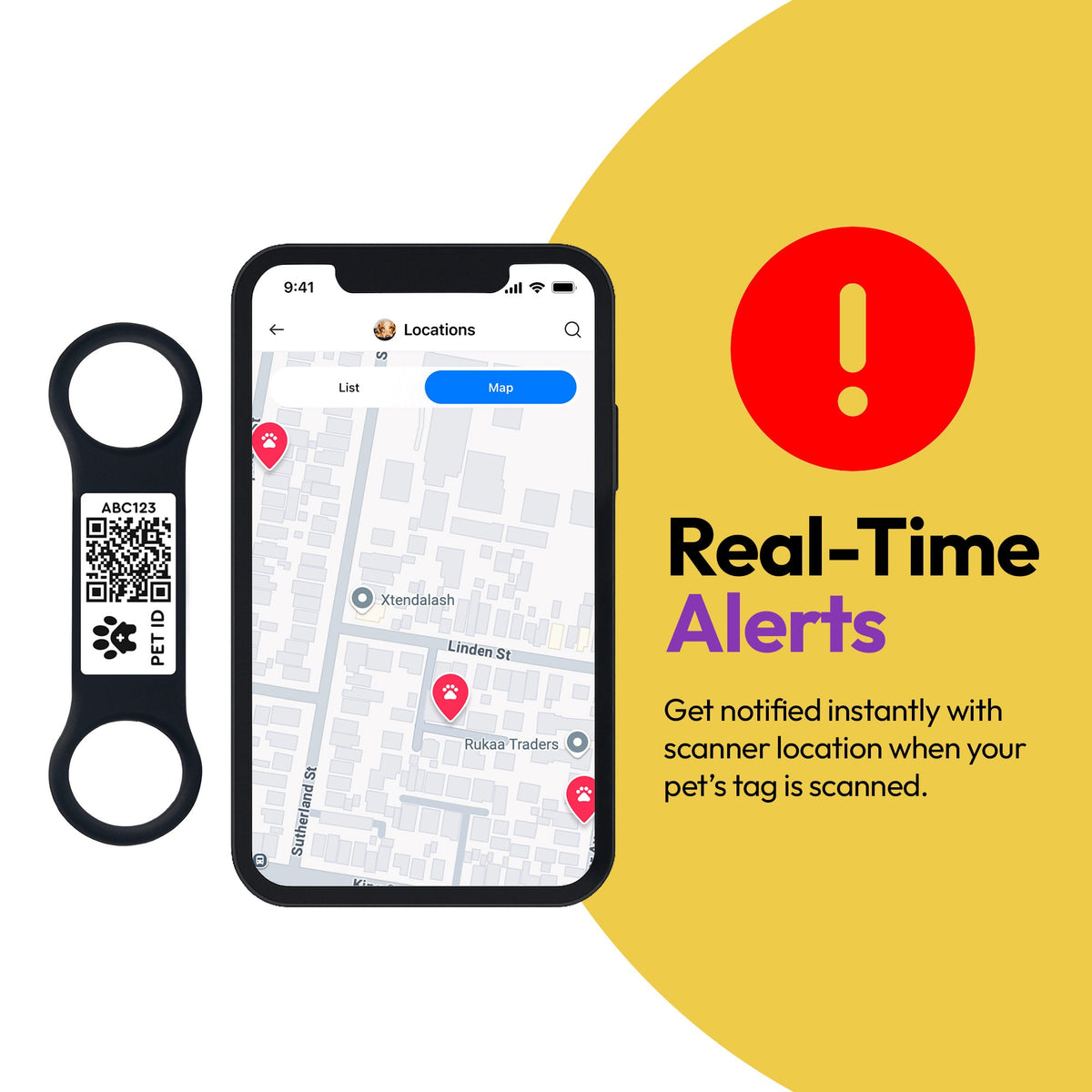 Slide-On | Smart ID Tag: A phone map beside the Slide-On tag, headed Real-Time Alerts