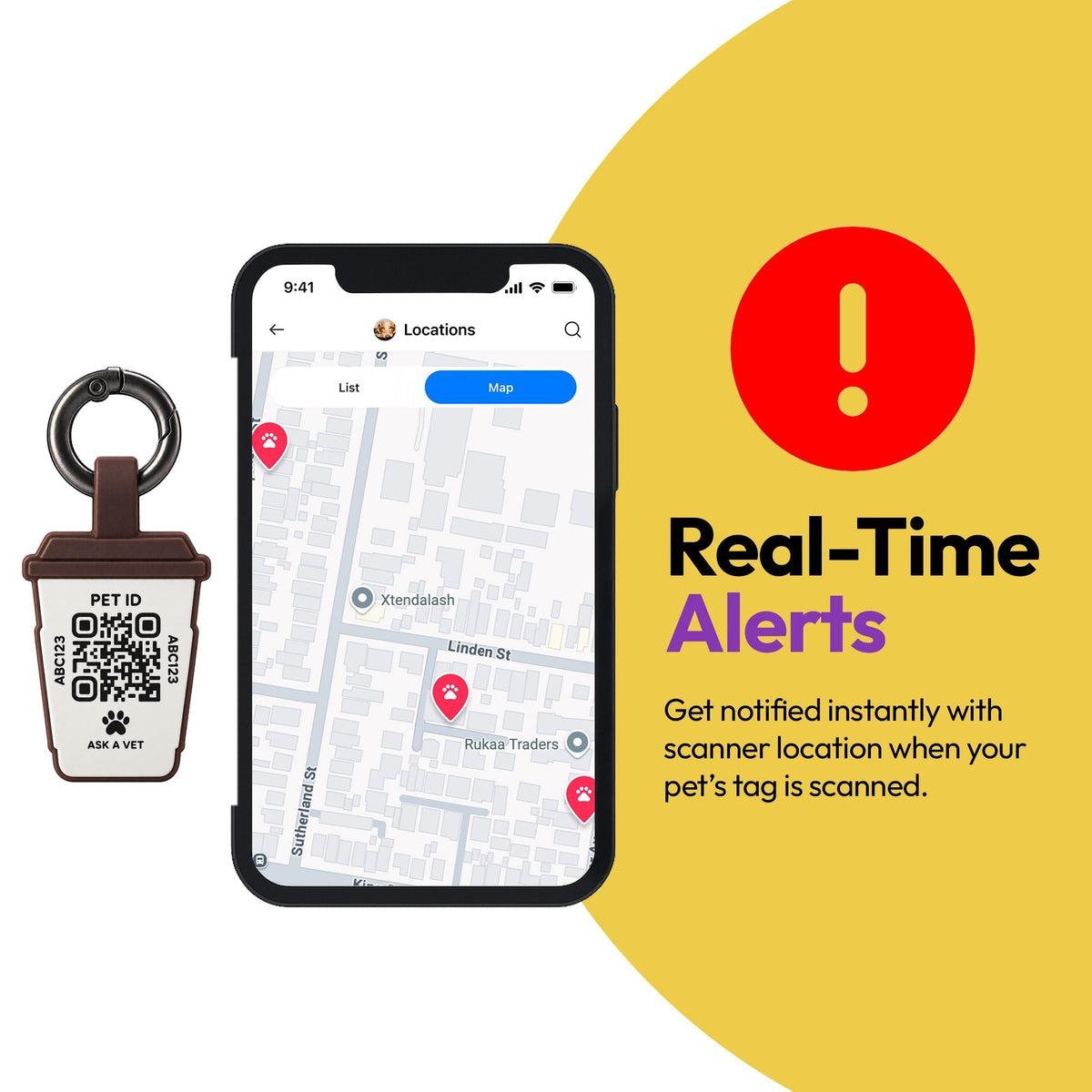 Coffee | Smart ID Tag: A phone map beside the Coffee tag, headed Real-Time Alerts