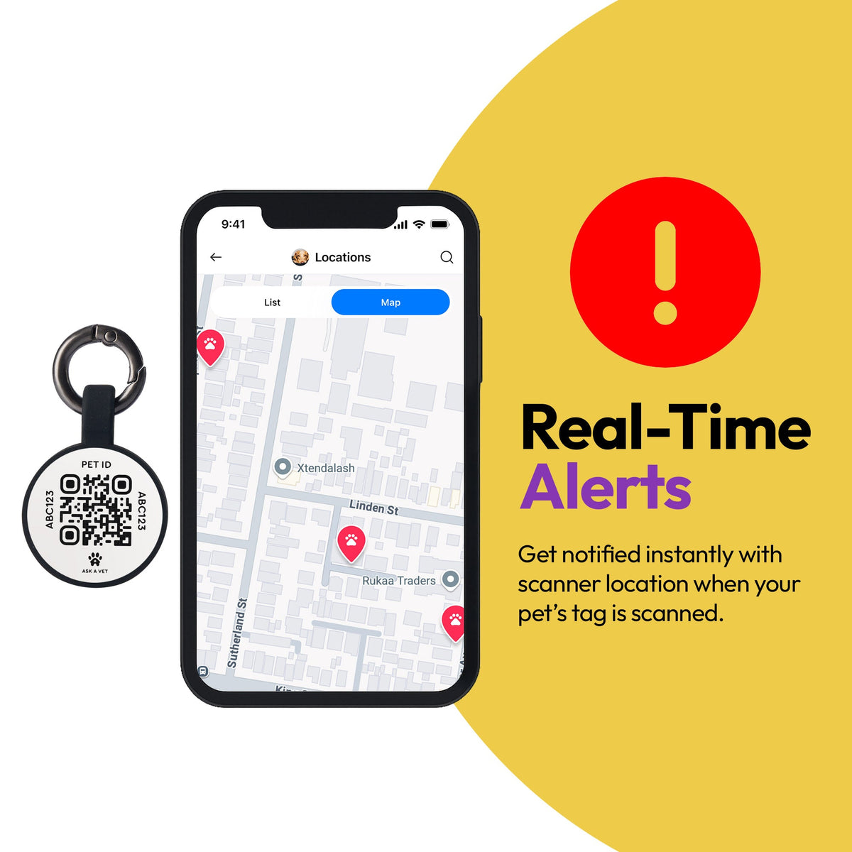 Black | Smart ID Tag: A phone map beside the Black tag, headed Real-Time Alerts