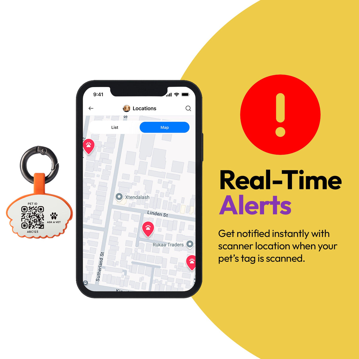 Salmon Sushi | Smart ID Tag: A phone map beside the Salmon Sushi tag, headed Real-Time Alerts