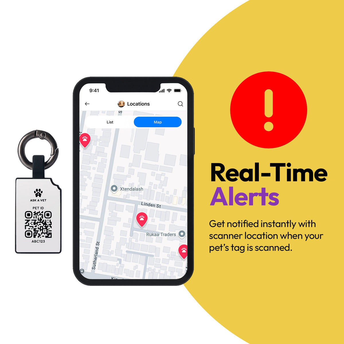 Chocolate Purple | Smart ID Tag: A phone map beside the Chocolate Purple tag, headed Real-Time Alerts