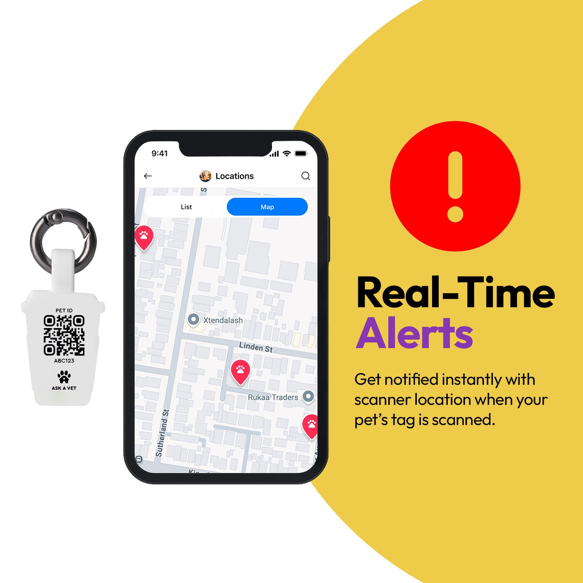 Sakura Matcha | Smart ID Tag: A phone map beside the Sakura Matcha tag, headed Real-Time Alerts