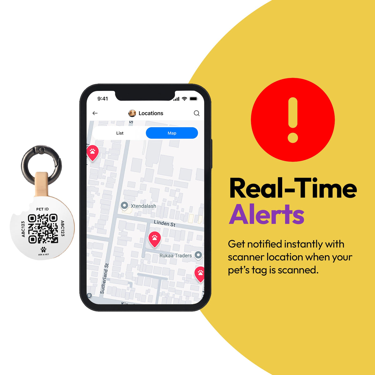 Donut | Smart ID Tag: A phone map beside the Donut tag, headed Real-Time Alerts