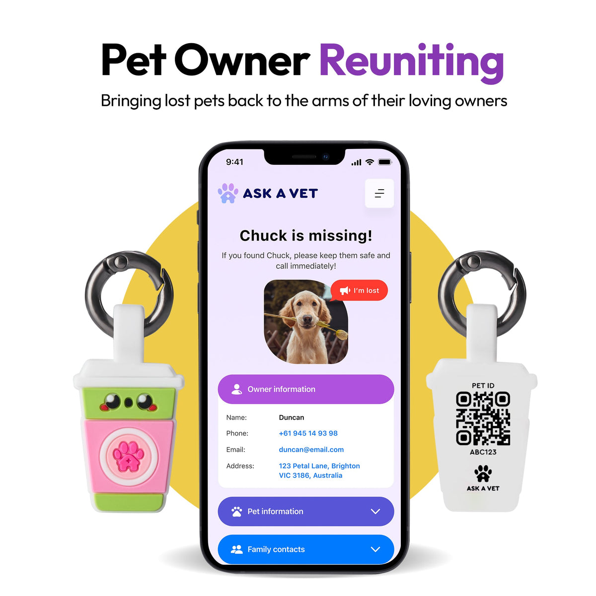 Sakura Matcha | Smart ID Tag: A phone showing a missing-pet alert beside two Sakura Matcha tags, headed Pet Owner Reuniting