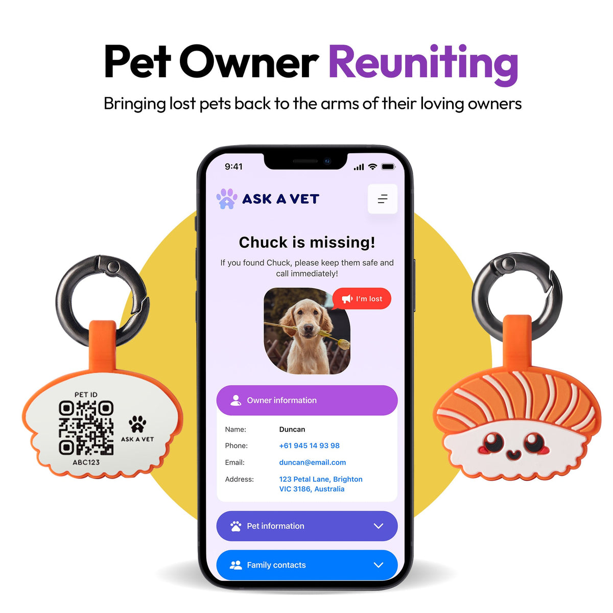 Salmon Sushi | Smart ID Tag: A phone showing a missing-pet alert beside two Salmon Sushi tags, headed Pet Owner Reuniting