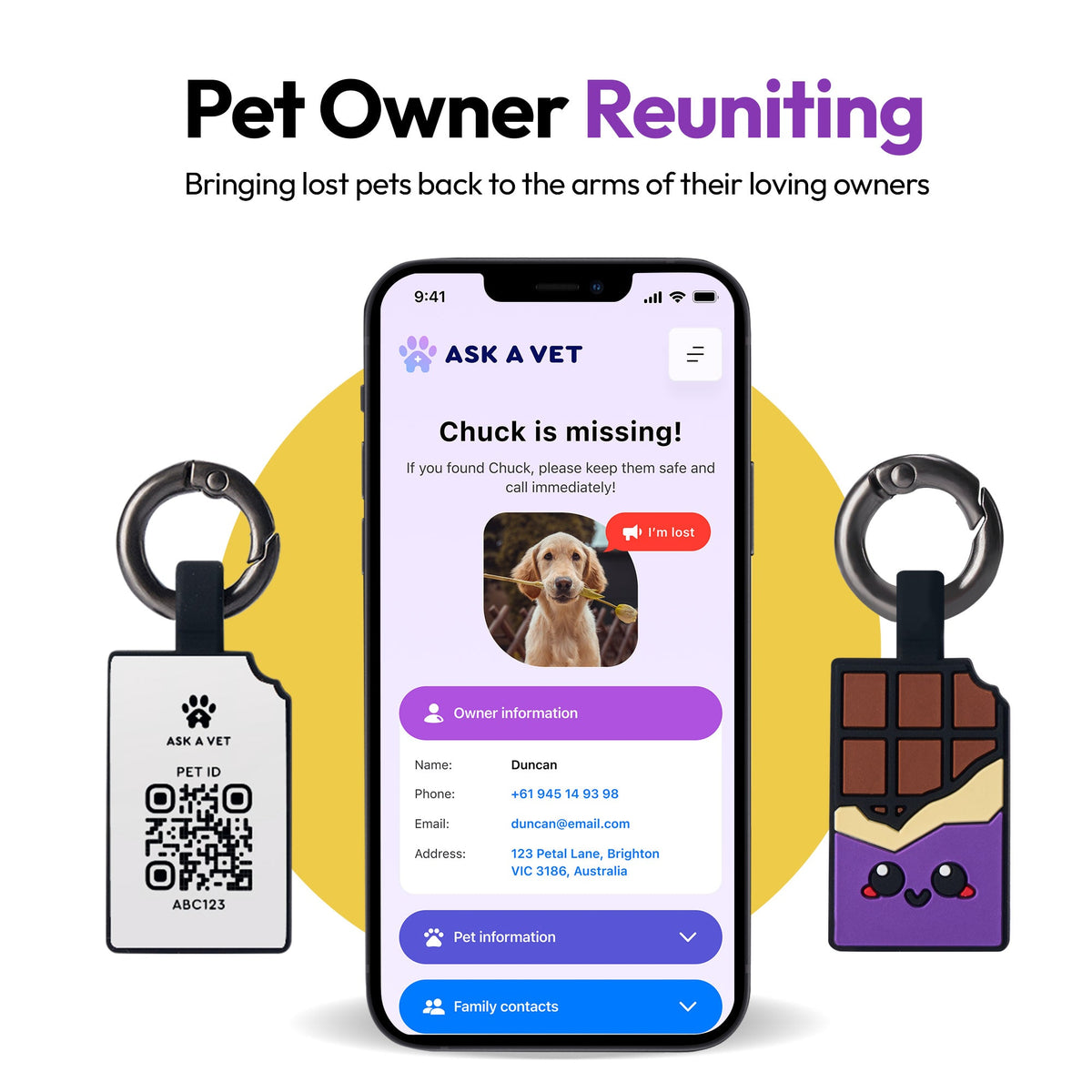 Chocolate Purple | Smart ID Tag: A phone showing a missing-pet alert beside two Chocolate Purple tags, headed Pet Owner Reuniting