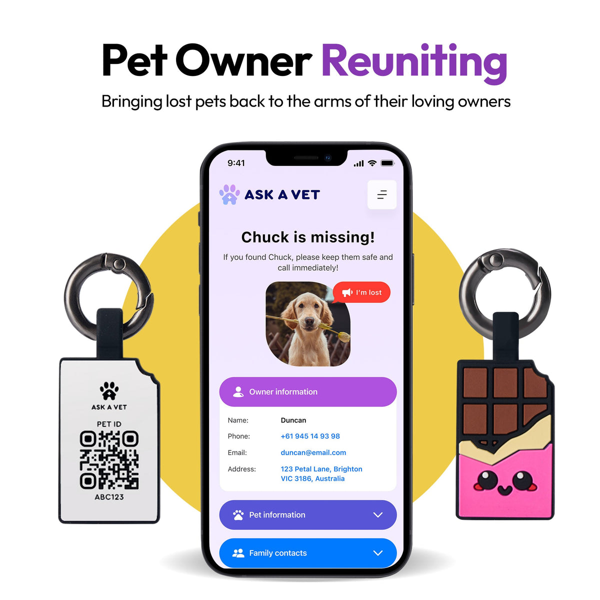 Chocolate Pink | Smart ID Tag: A phone showing a missing-pet alert beside two Chocolate Pink tags, headed Pet Owner Reuniting