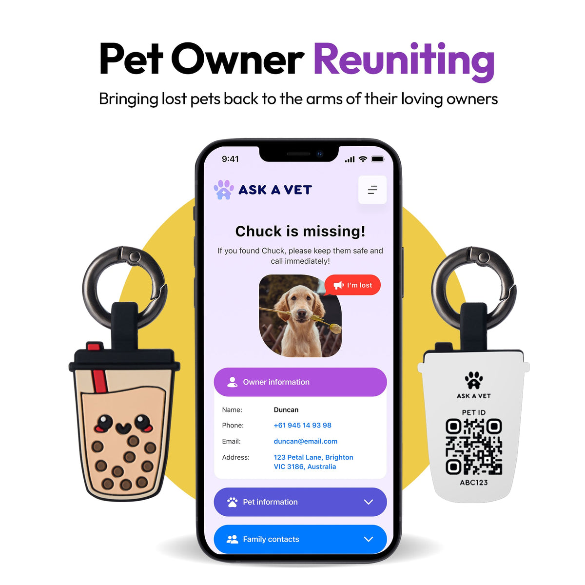 Boba | Smart ID Tag: A phone showing a missing-pet alert beside two Boba tags, headed Pet Owner Reuniting