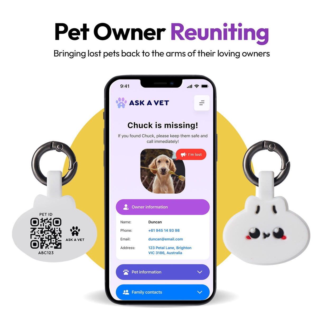Dumpling | Smart ID Tag: A phone showing a missing-pet alert beside two Dumpling tags, headed Pet Owner Reuniting