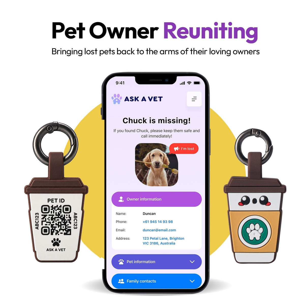 Coffee | Smart ID Tag: A phone showing a missing-pet alert beside two Coffee tags, headed Pet Owner Reuniting
