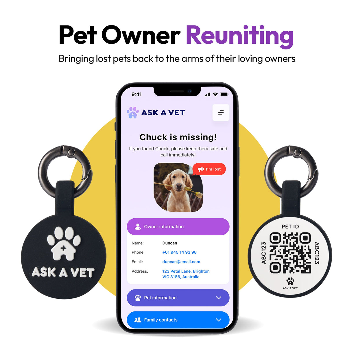 Black | Smart ID Tag: A phone showing a missing-pet alert beside two Black tags, headed Pet Owner Reuniting