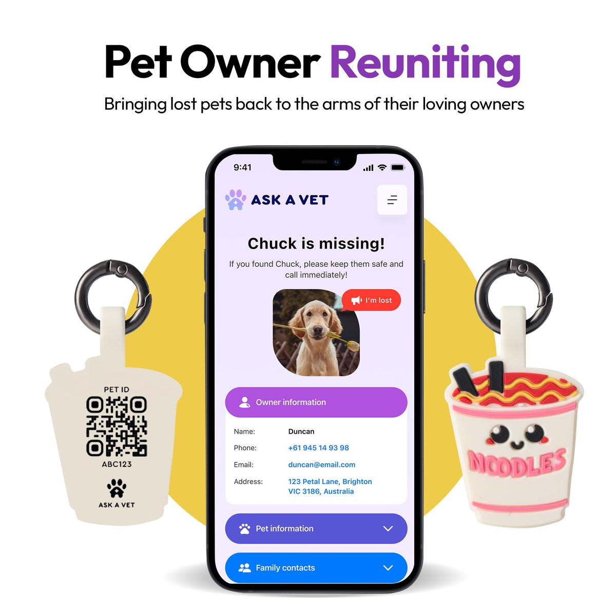 Ramen | Smart ID Tag: A phone showing a missing-pet alert beside two Ramen tags, headed Pet Owner Reuniting
