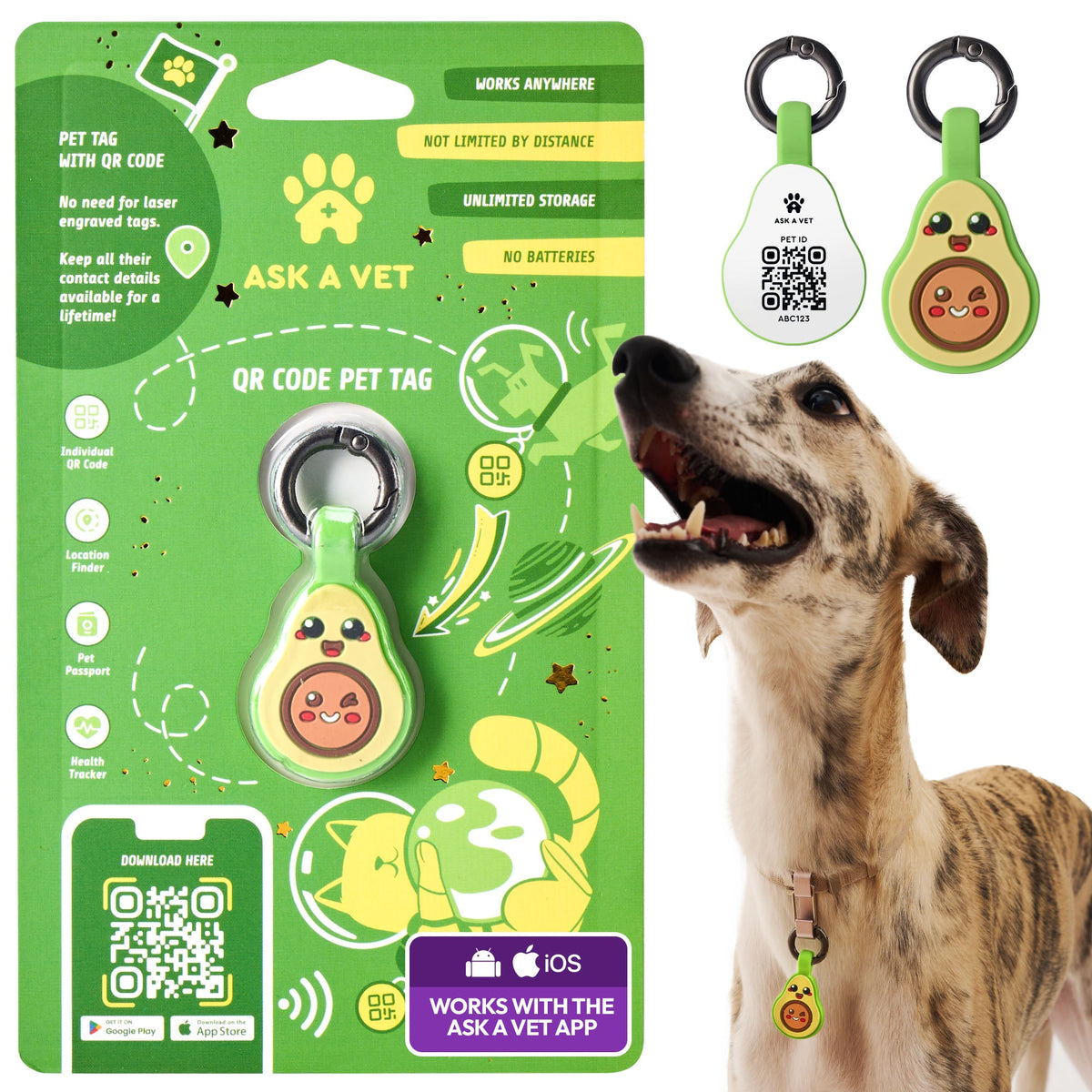 Avocado | Smart ID Tag: The Avocado tag on its packaging card, with a whippet wearing one
