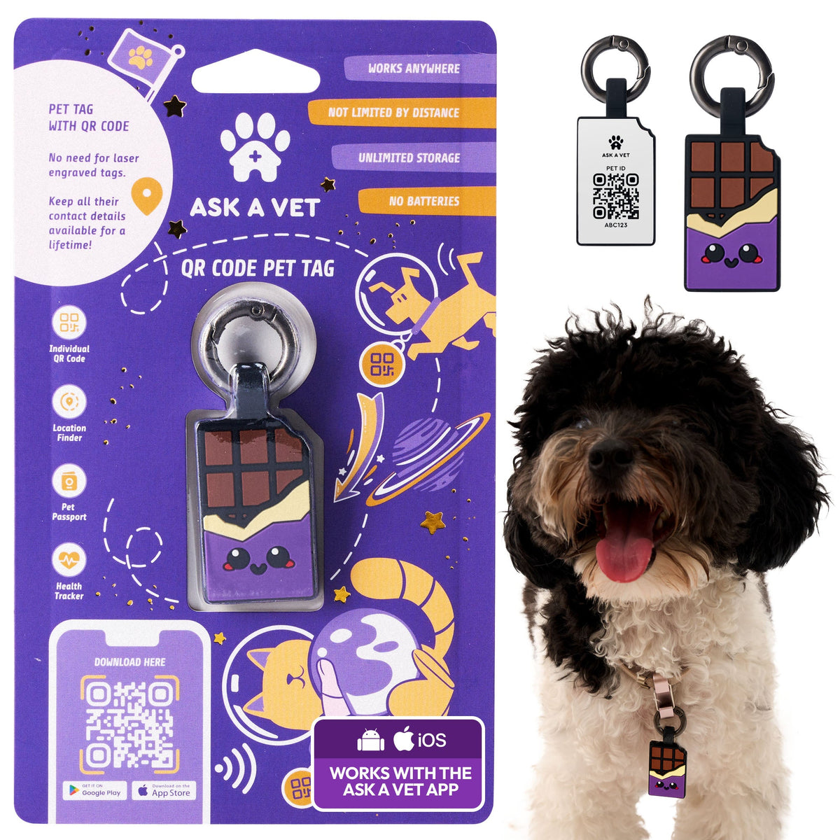 Chocolate Purple | Smart ID Tag: The Chocolate Purple tag on its packaging card, with a poodle wearing one