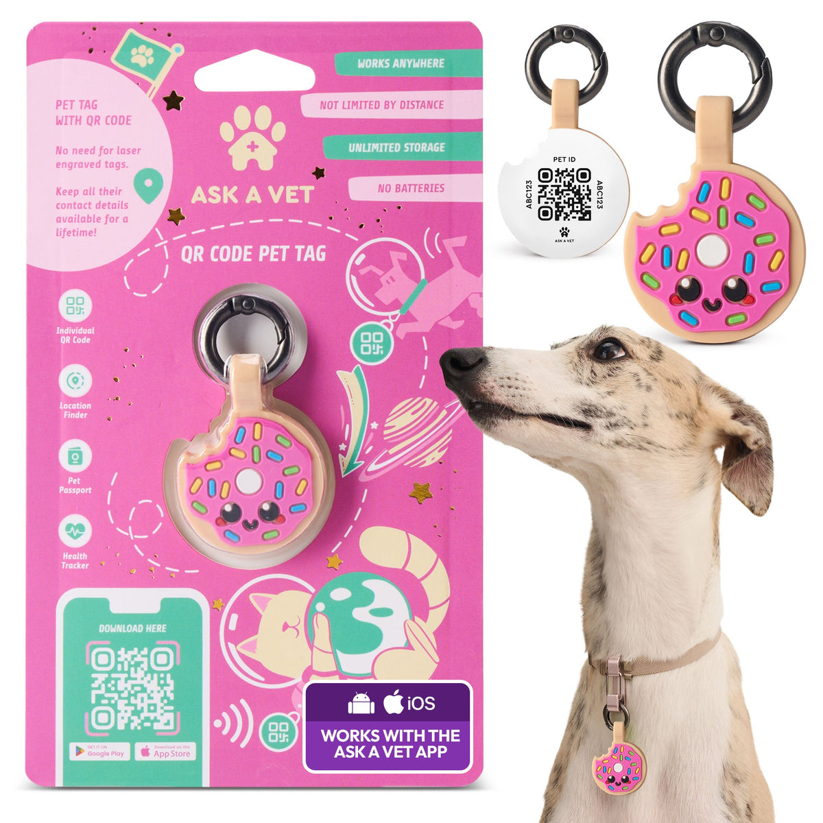 Donut | Smart ID Tag: The Donut tag on its packaging card, with a whippet wearing one