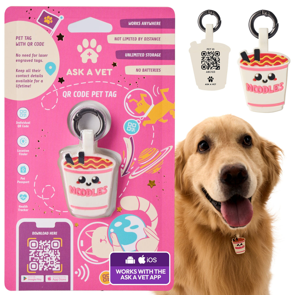 Ramen | Smart ID Tag: The Ramen tag on its packaging card, with a golden retriever wearing one