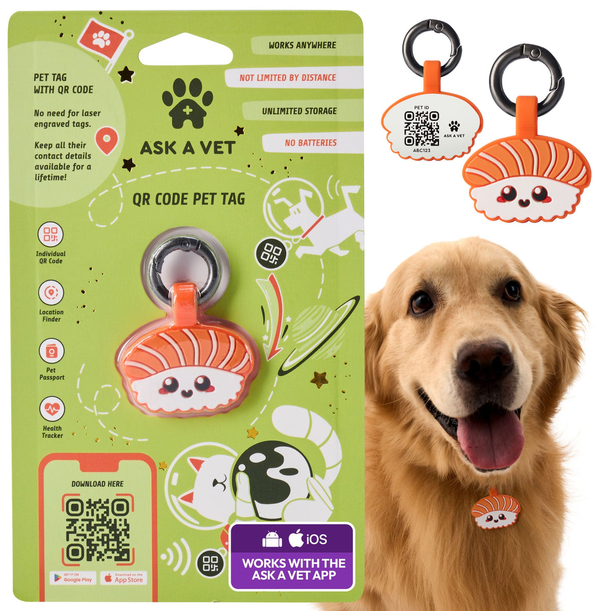 Salmon Sushi | Smart ID Tag: The Salmon Sushi tag on its packaging card, with a golden retriever wearing one