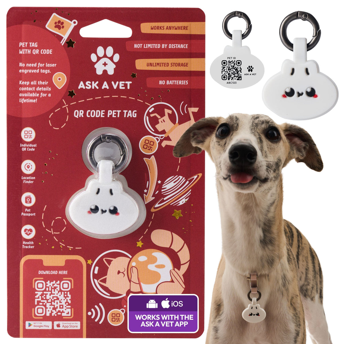 Dumpling | Smart ID Tag: The Dumpling tag on its packaging card, with a whippet wearing one