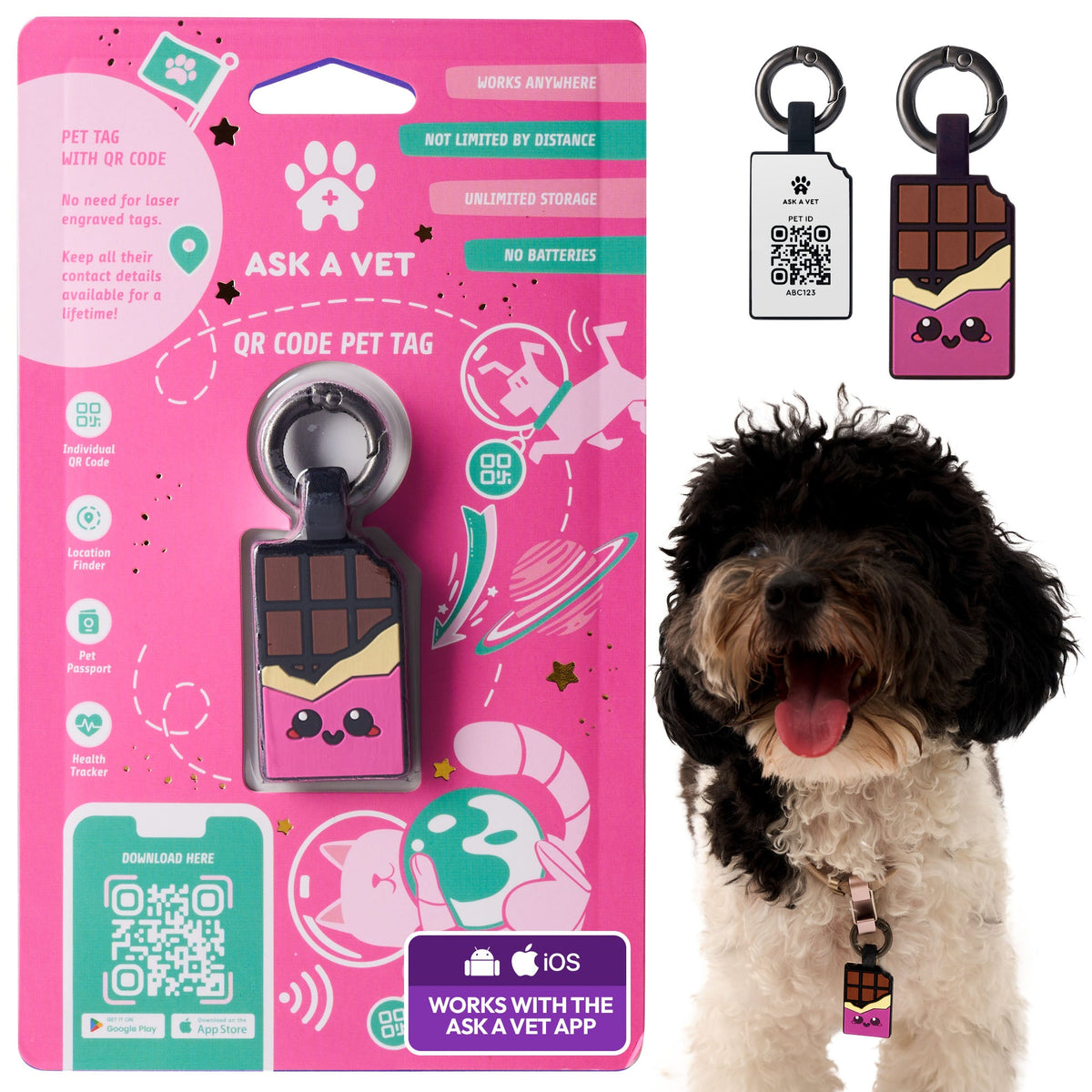Chocolate Pink | Smart ID Tag: The Chocolate Pink tag on its packaging card, with a poodle wearing one