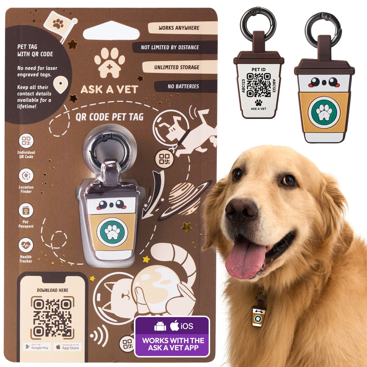 Coffee | Smart ID Tag: The Coffee tag on its packaging card, with a golden retriever wearing one