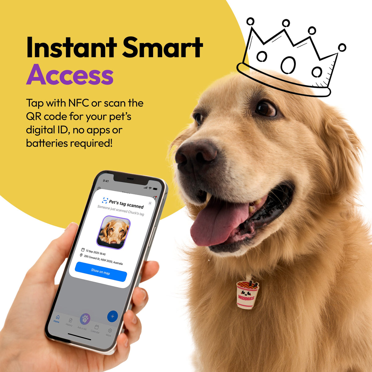 Ramen | Smart ID Tag: Dog wearing the Ramen tag beside a phone showing its profile, headed Instant Smart Access