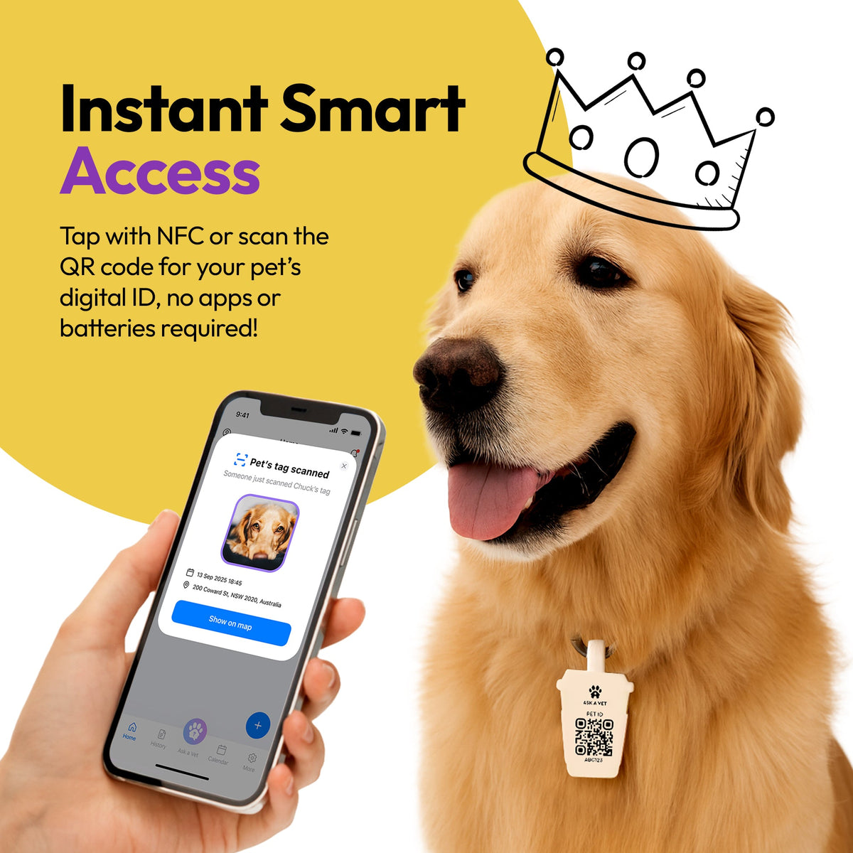 Sakura Matcha | Smart ID Tag: Dog wearing the Sakura Matcha tag beside a phone showing its profile, headed Instant Smart Access