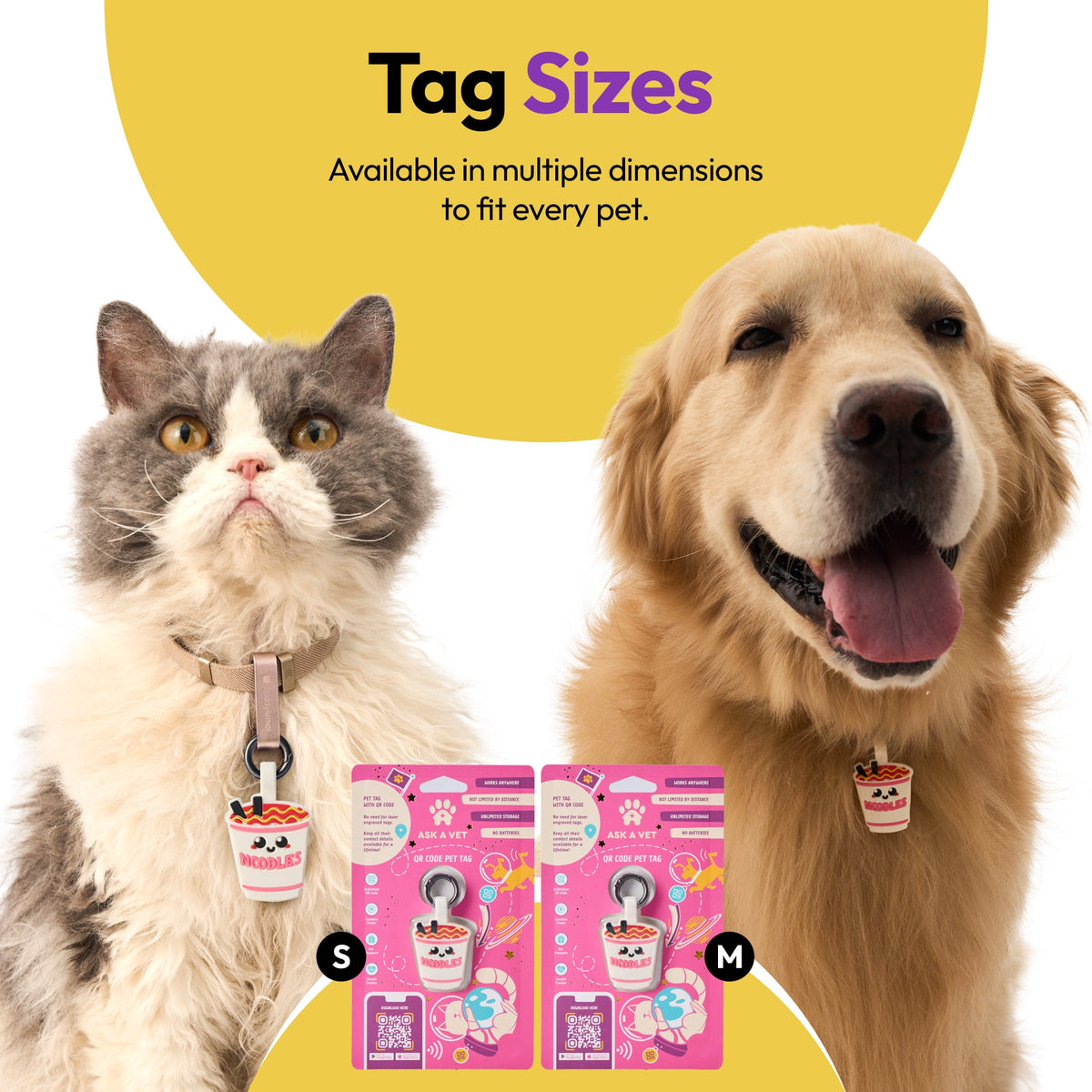 Ramen | Smart ID Tag: Cat and dog wearing Ramen tags above the Small and Medium packs, headed Tag Sizes