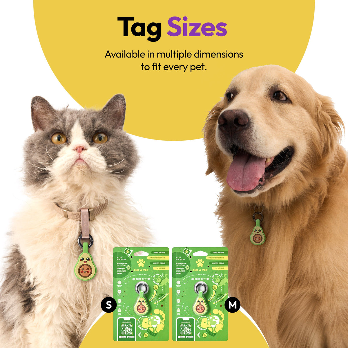 Avocado | Smart ID Tag: Cat and dog wearing Avocado tags above the Small and Medium packs, headed Tag Sizes