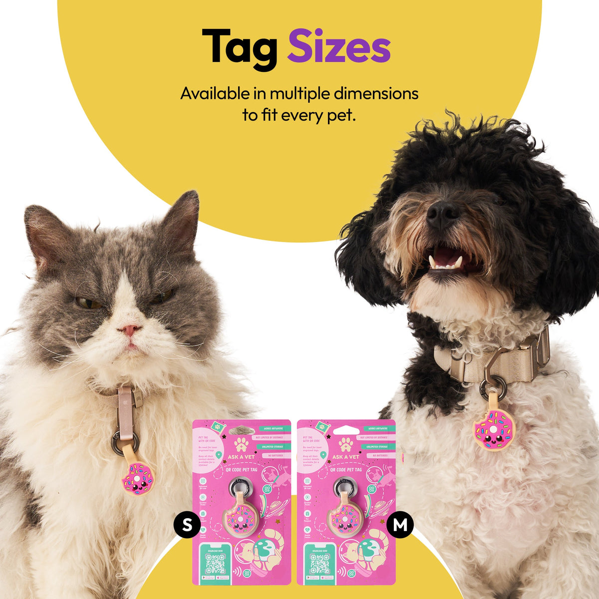 Donut | Smart ID Tag: Cat and dog wearing Donut tags above the Small and Medium packs, headed Tag Sizes