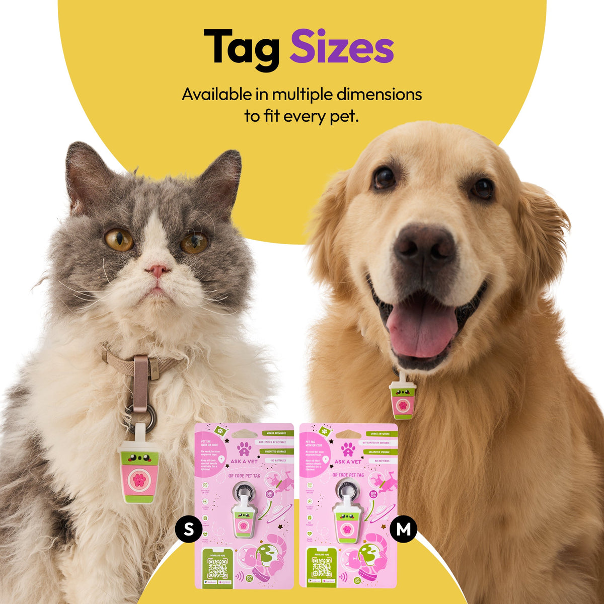 Sakura Matcha | Smart ID Tag: Cat and dog wearing Sakura Matcha tags above the Small and Medium packs, headed Tag Sizes