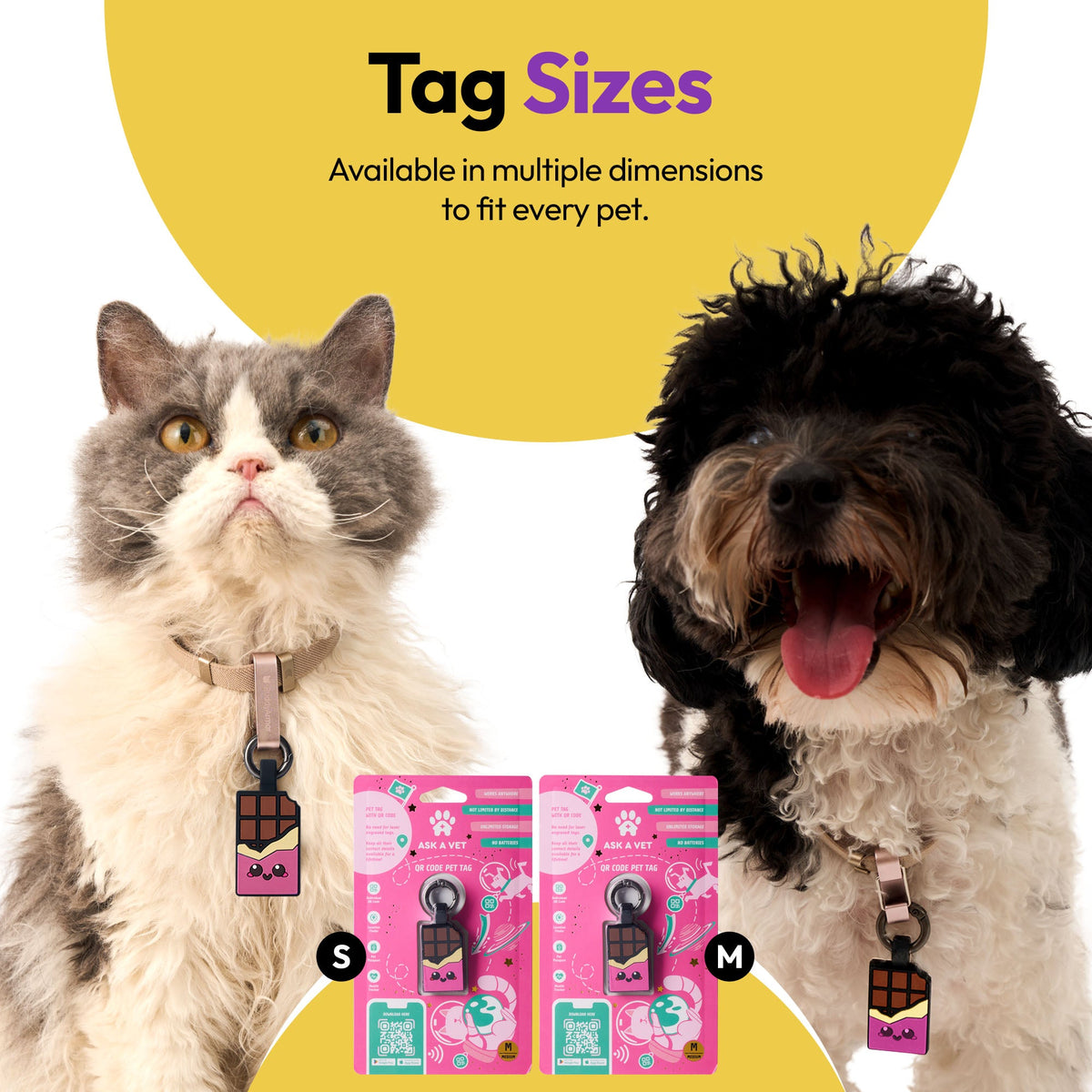 Chocolate Pink | Smart ID Tag: Cat and dog wearing Chocolate Pink tags above the Small and Medium packs, headed Tag Sizes