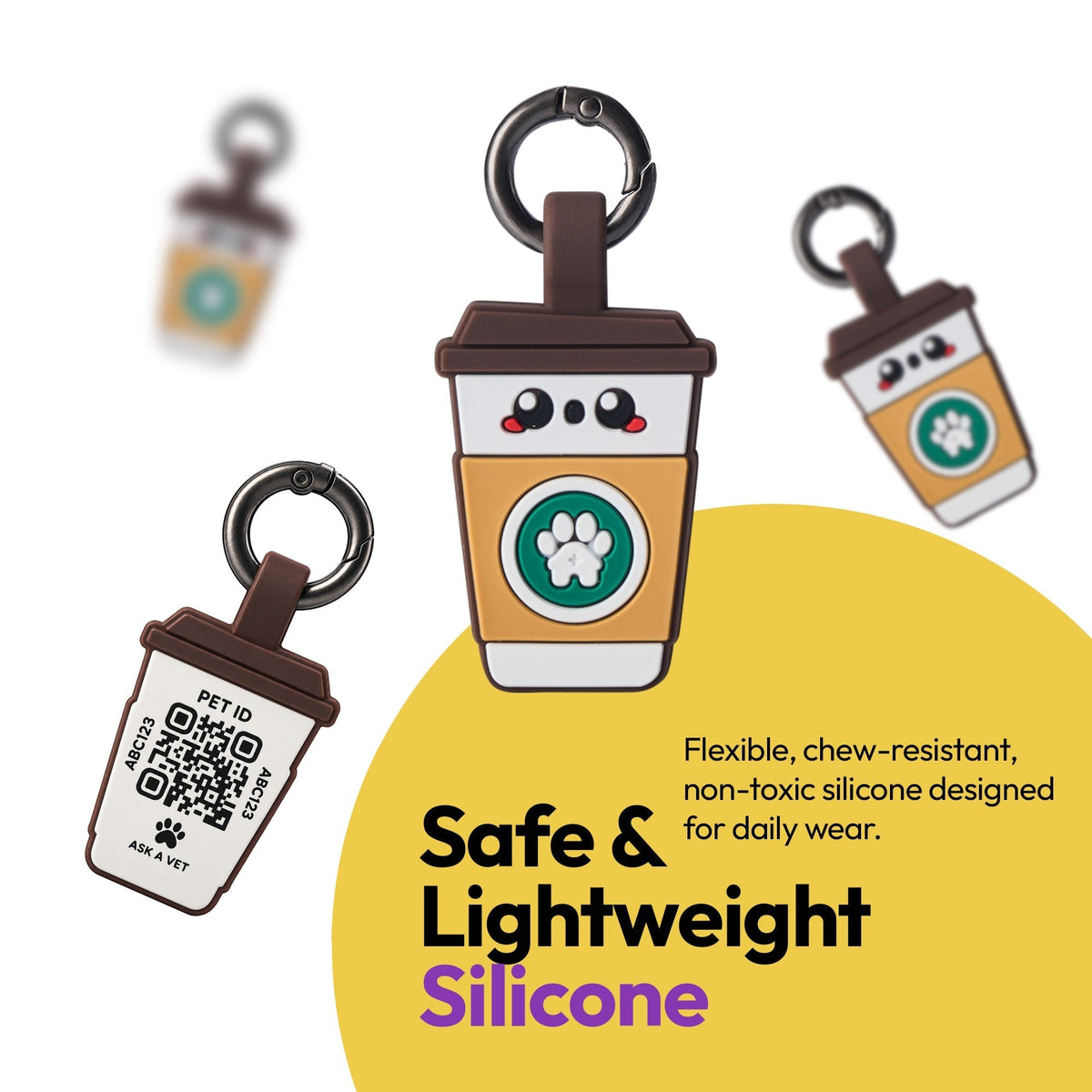 Coffee | Smart ID Tag: Three Coffee tags on their rings, headed Safe & Lightweight Silicone