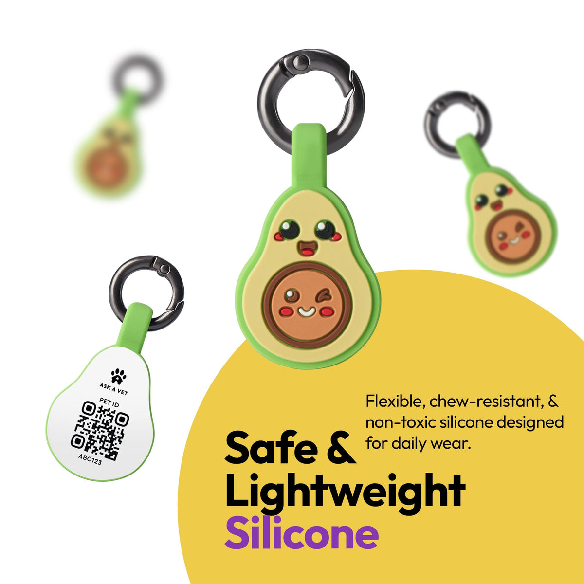 Avocado | Smart ID Tag: Three Avocado tags on their rings, headed Safe & Lightweight Silicone
