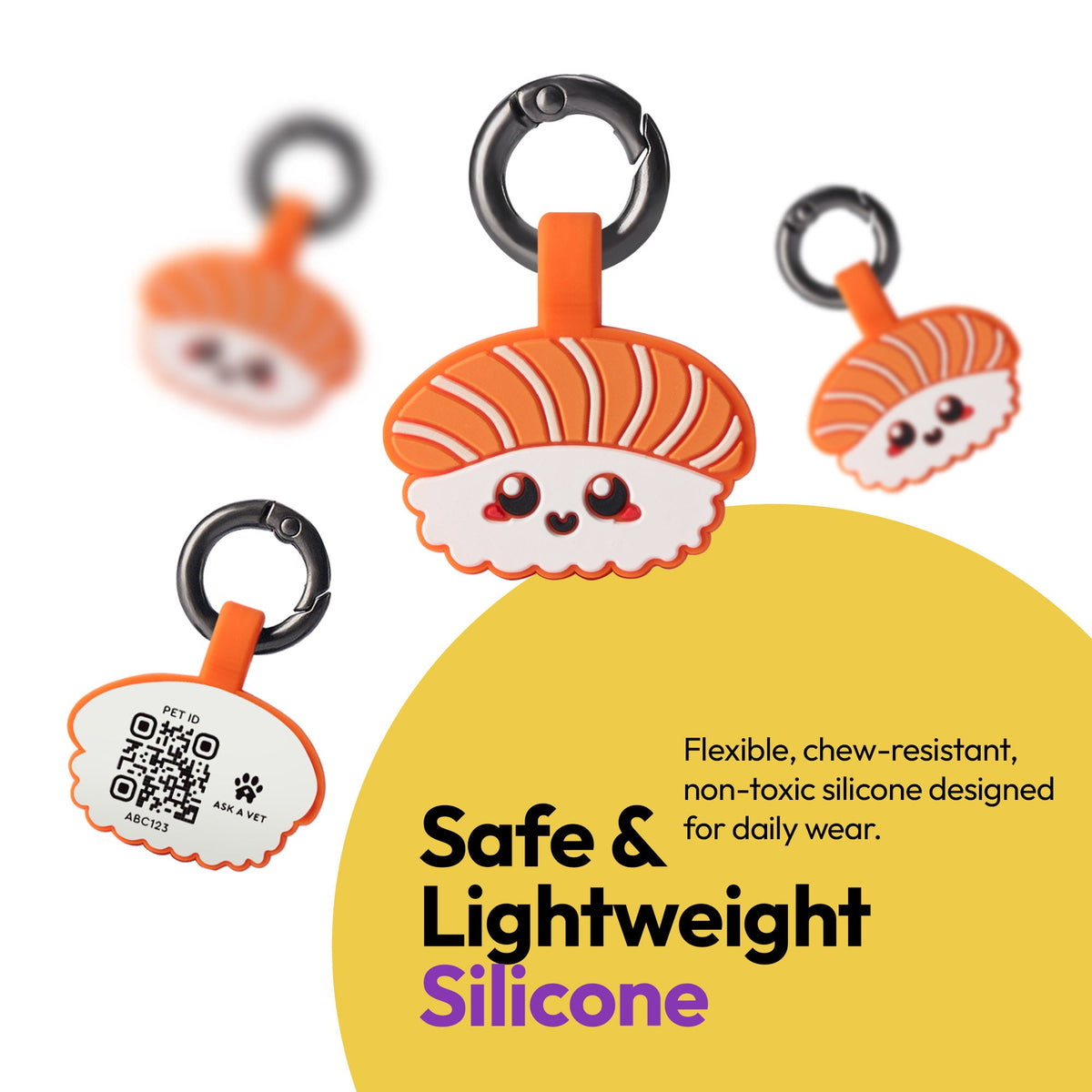 Salmon Sushi | Smart ID Tag: Three Salmon Sushi tags on their rings, headed Safe & Lightweight Silicone