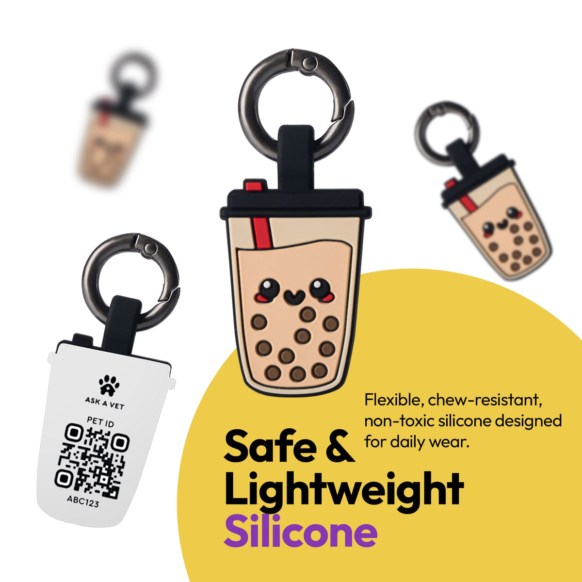 Boba | Smart ID Tag: Three Boba tags on their rings, headed Safe & Lightweight Silicone