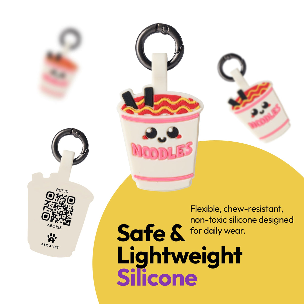 Ramen | Smart ID Tag: Three Ramen tags on their rings, headed Safe & Lightweight Silicone