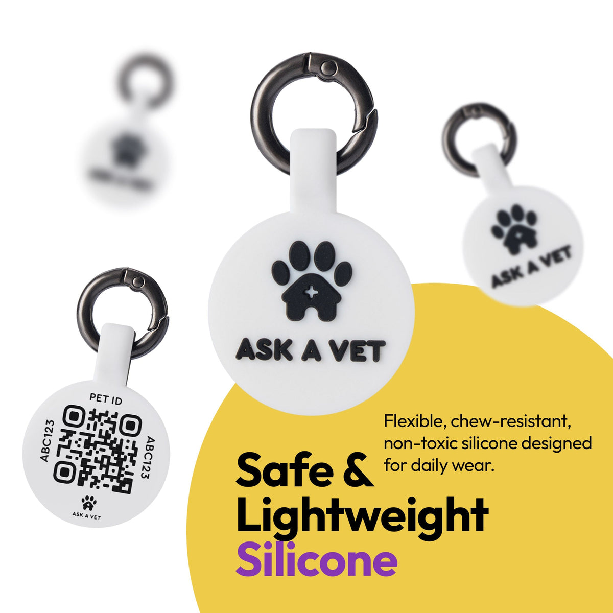 White | Smart ID Tag: Three White tags on their rings, headed Safe & Lightweight Silicone