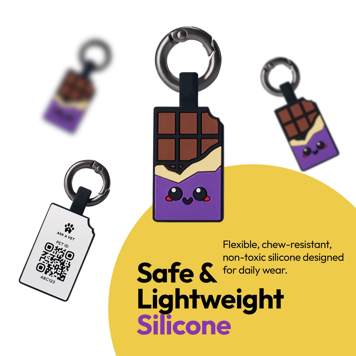 Chocolate Purple | Smart ID Tag: Three Chocolate Purple tags on their rings, headed Safe & Lightweight Silicone
