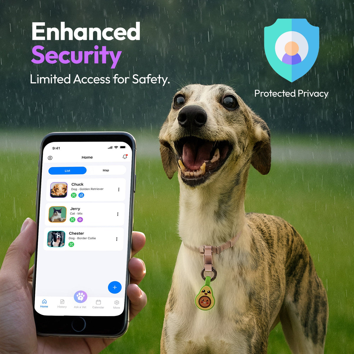 Avocado | Smart ID Tag: Whippet wearing the Avocado tag beside a phone showing the app, headed Enhanced Security