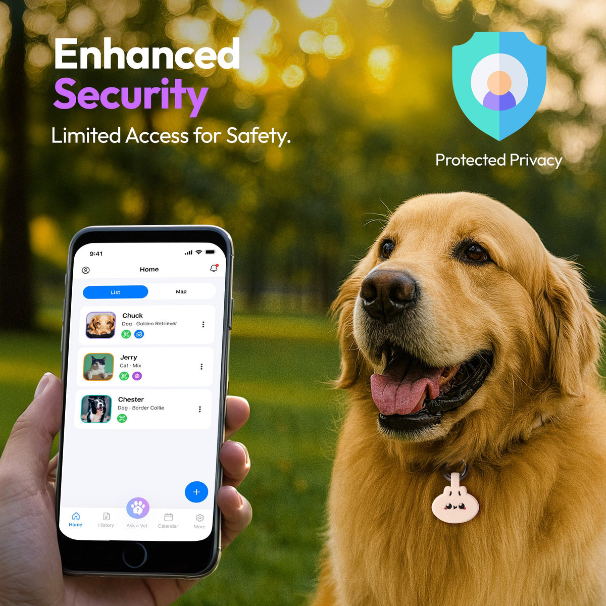 Dumpling | Smart ID Tag: Dog wearing the Dumpling tag beside a phone showing the app, headed Enhanced Security