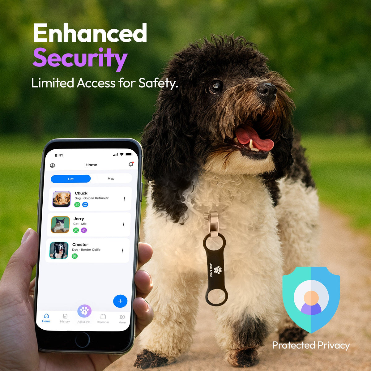 Slide-On | Smart ID Tag: Dog wearing the Slide-On tag beside a phone showing the app, headed Enhanced Security