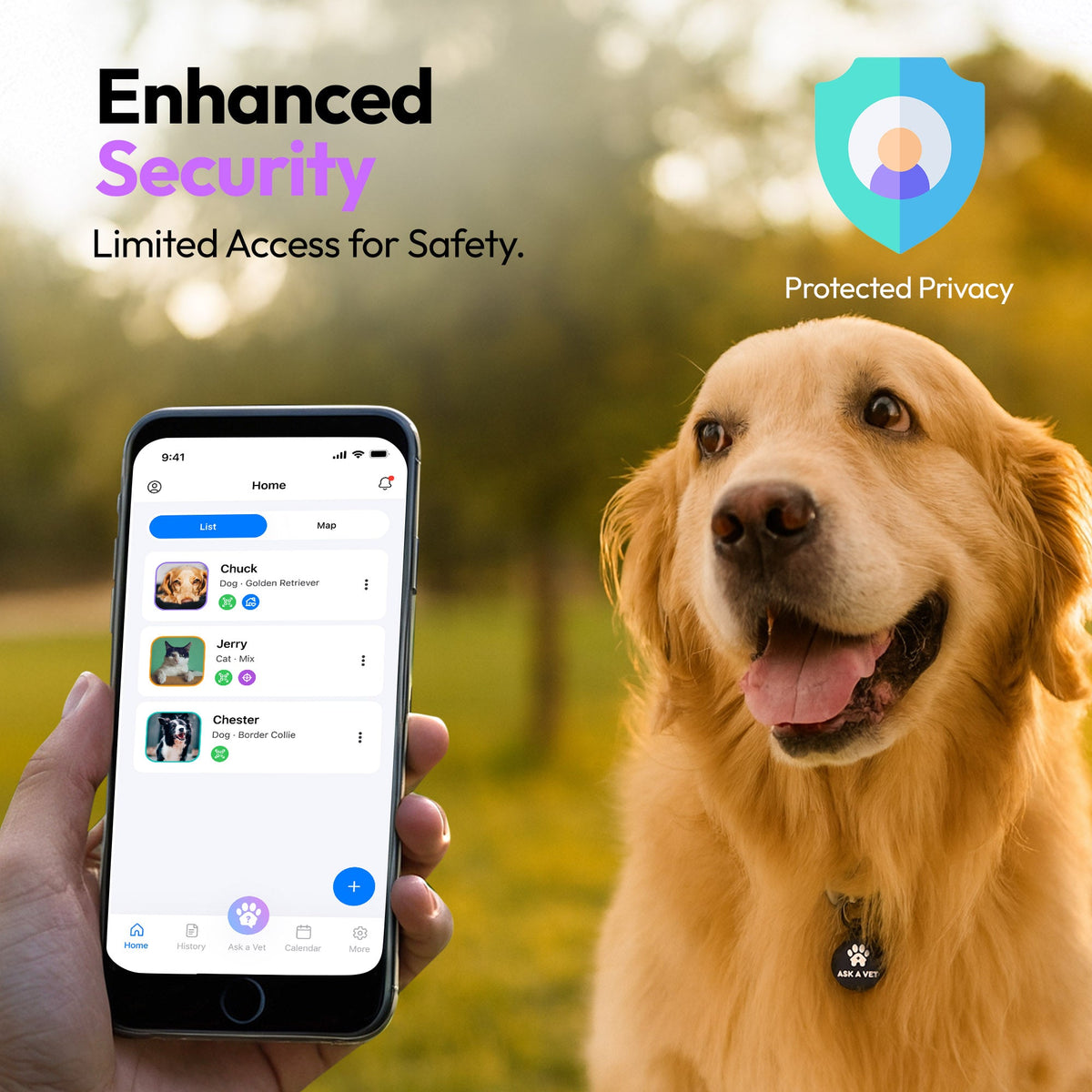 Black | Smart ID Tag: Dog wearing the Black tag beside a phone showing the app, headed Enhanced Security