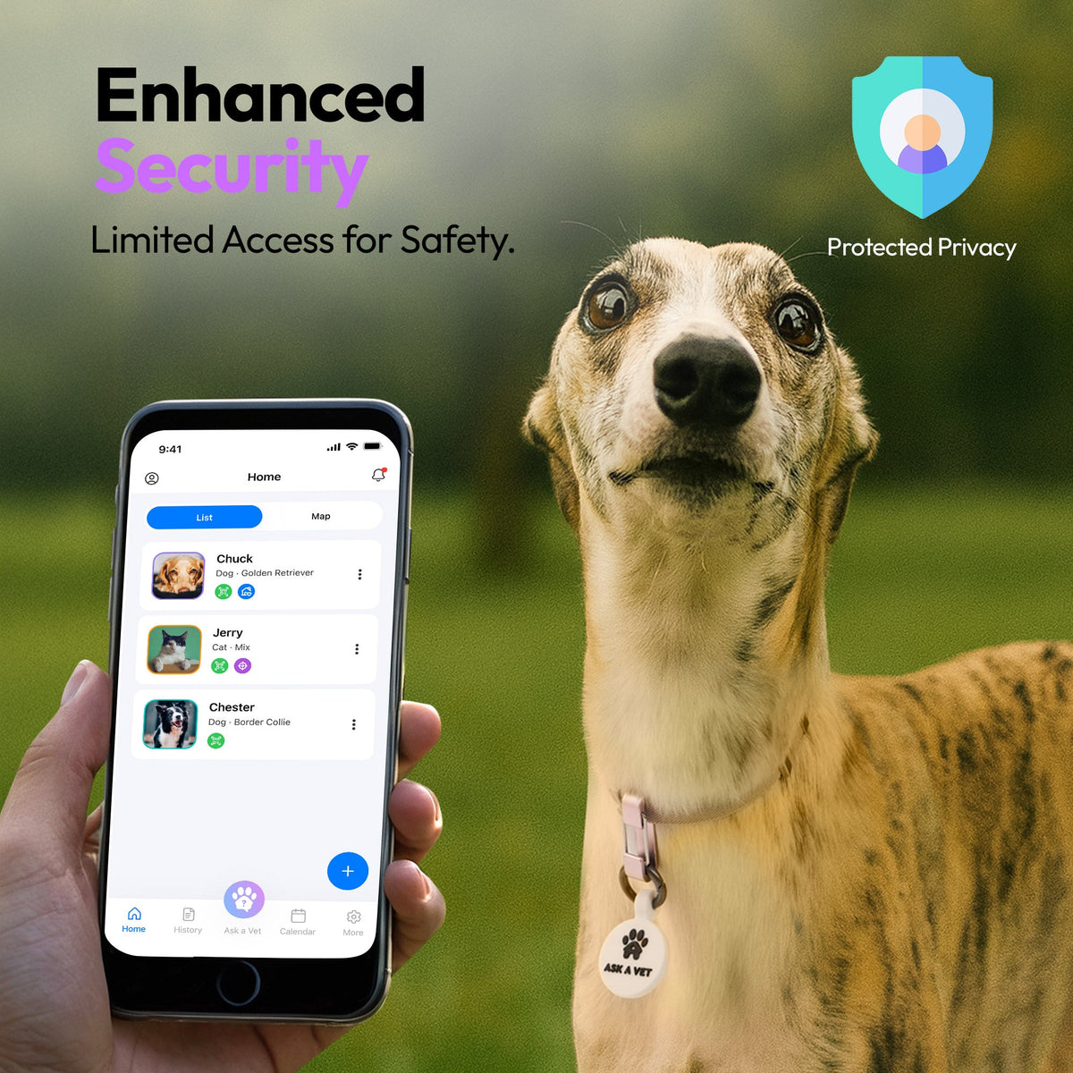 White | Smart ID Tag: Dog wearing the White tag beside a phone showing the app, headed Enhanced Security