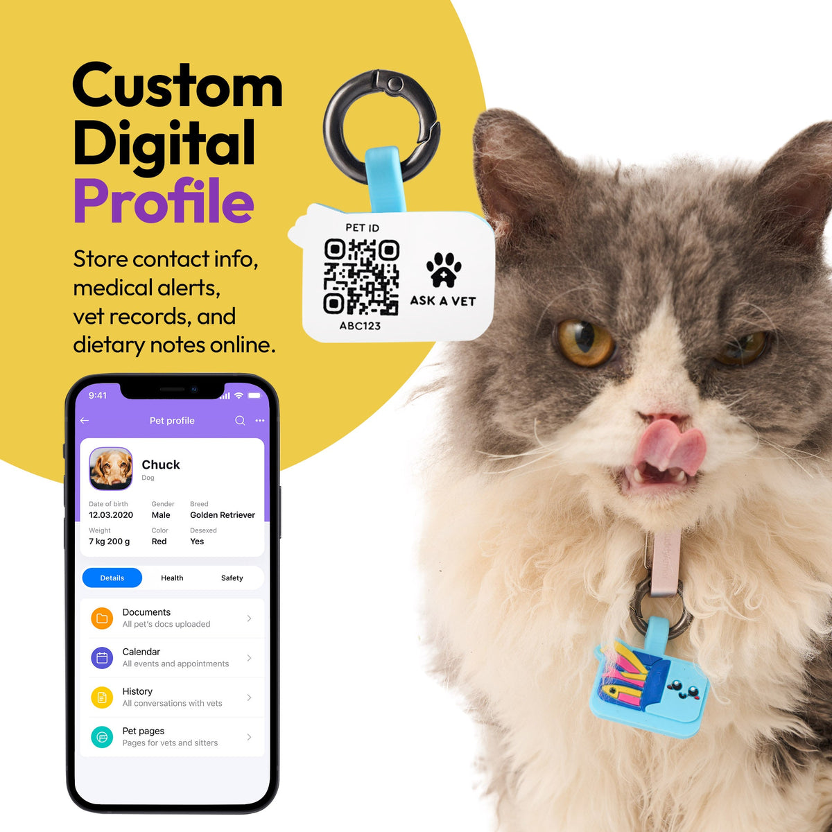 Sardines | Smart ID Tag: Cat wearing the Sardines tag beside a phone showing its profile, headed Custom Digital Profile